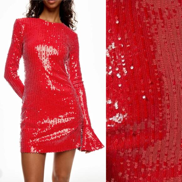 NWT ROTATE Birger Christensen Sequins Long Sleeve Mini Dress Red Cocktail Size 4 - Picture 2 of 16